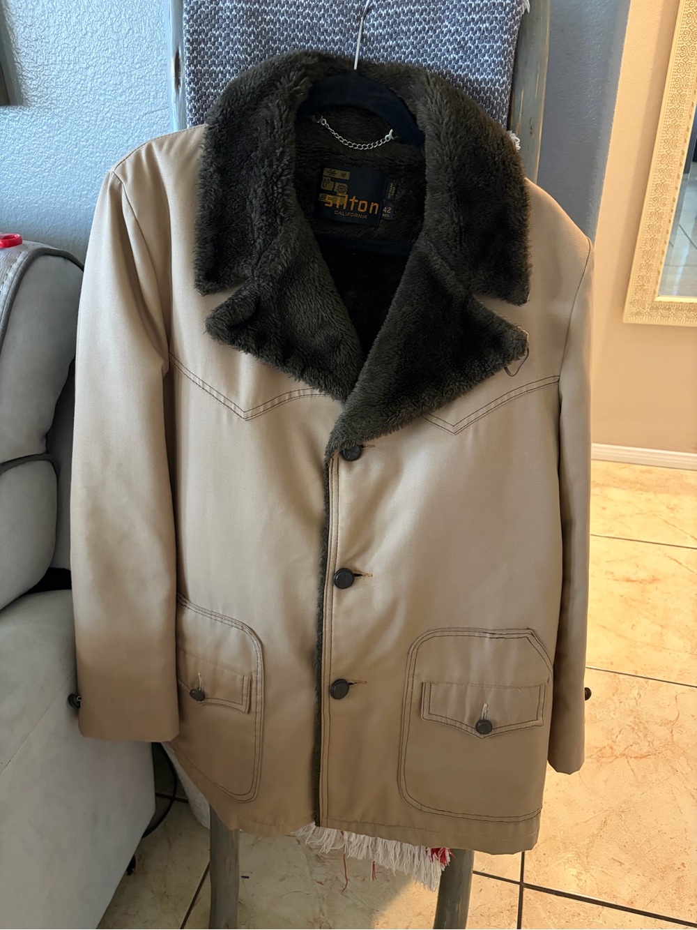 Sailton Men's Tan Pea Coat with Dark Brown Faux Fur Collar